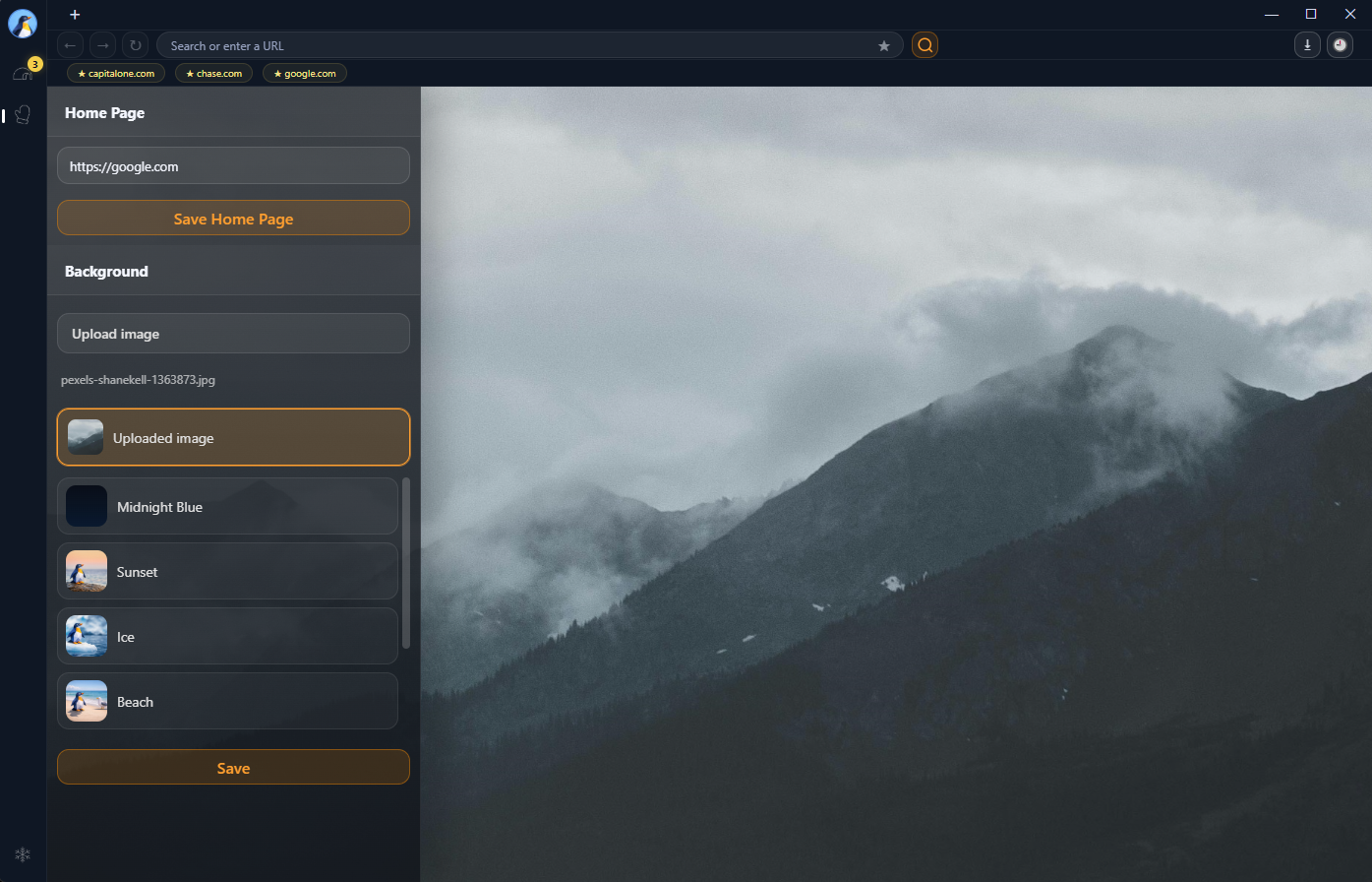 Penguin Browser background settings