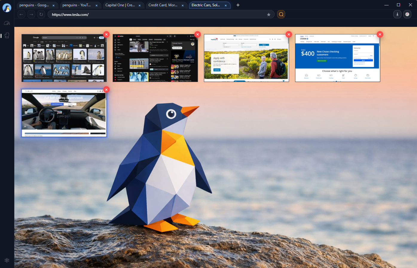 Multiple Penguin Browser workspace panels